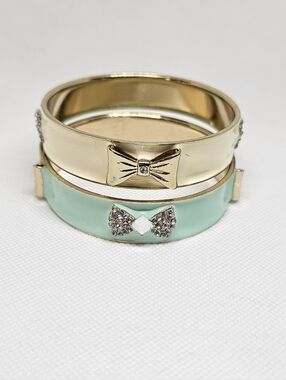 Gold Tone Bow Bangle Bracelet Set Enamel Rhinestone Stackable
